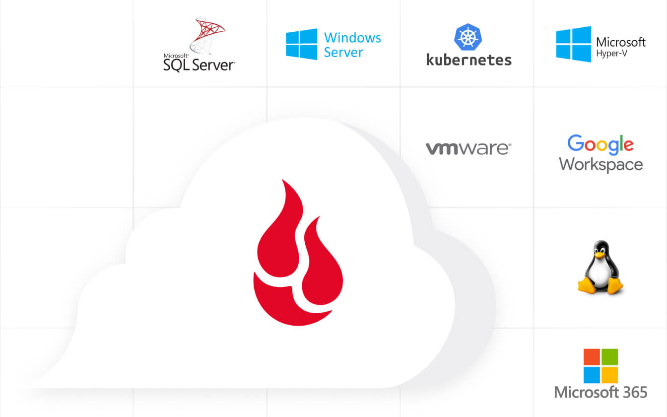 Backblaze logo on a cloud with SQL Server, Windows Server, Kubernetes, Microsoft Hyper-V, VMWare, Google Workspace, Microsoft 365 and more logos in the background