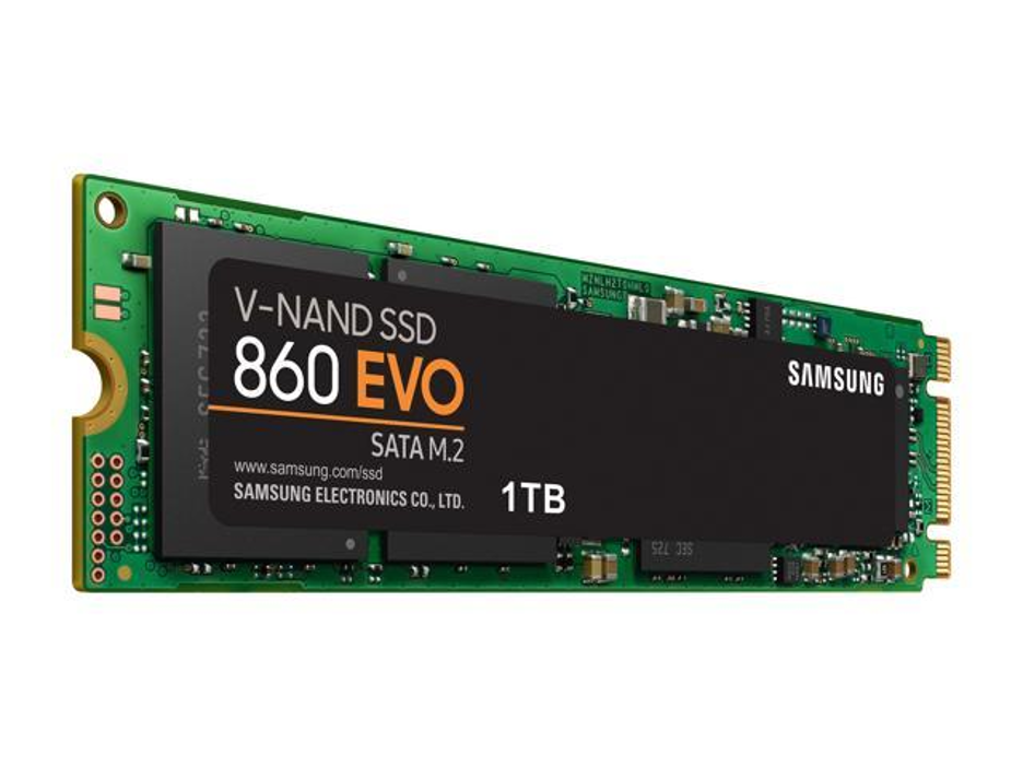 A photo of a Samsung 1TB SSD, model 860 EVO. 