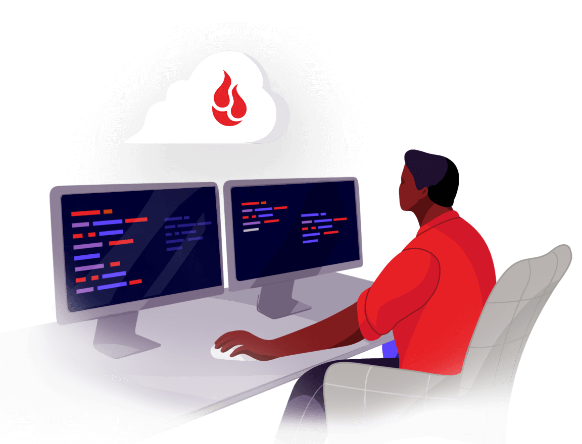 Man sitting in front of two computers looking at code with a backblaze cloud on top of them.
