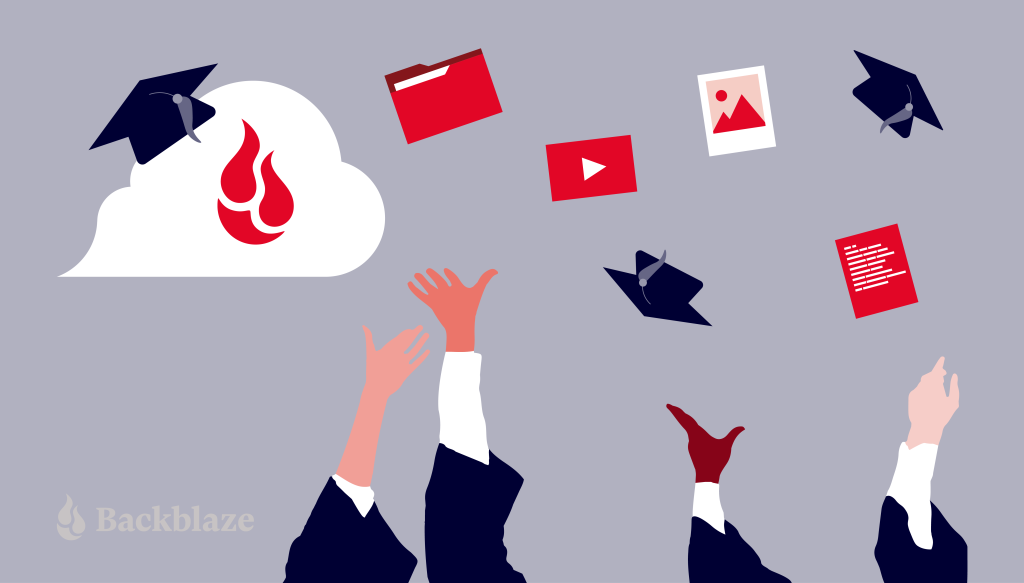 A decorative image showing files and graduation caps being thrown in the air towards the Backblaze cloud. 