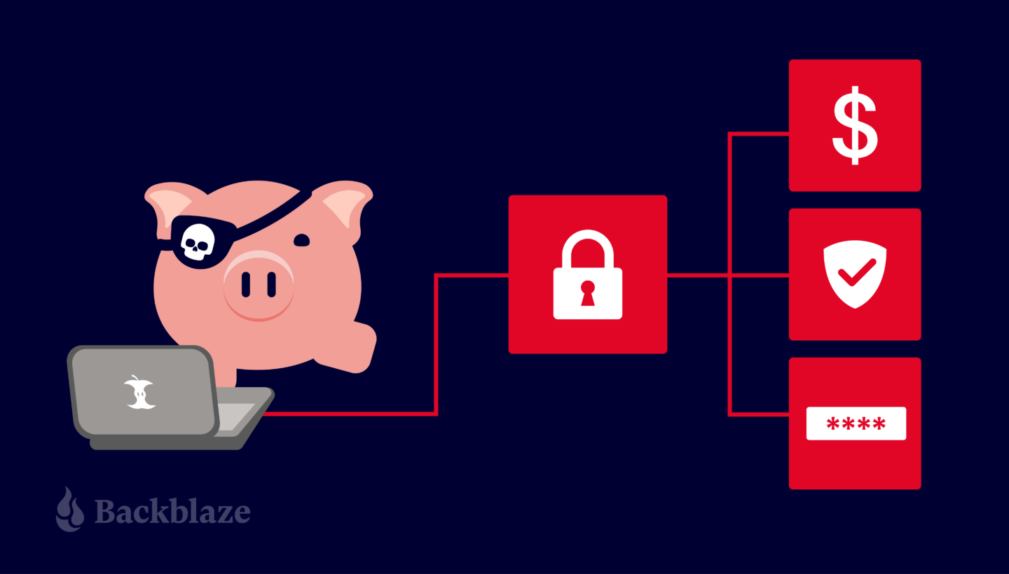 A decorative image with a pig typing on a computer, then directional lines moving from the computer to a lock icon. One the right of the image is a dollar sign, a shield with a check mark, and a box with four asterisks.