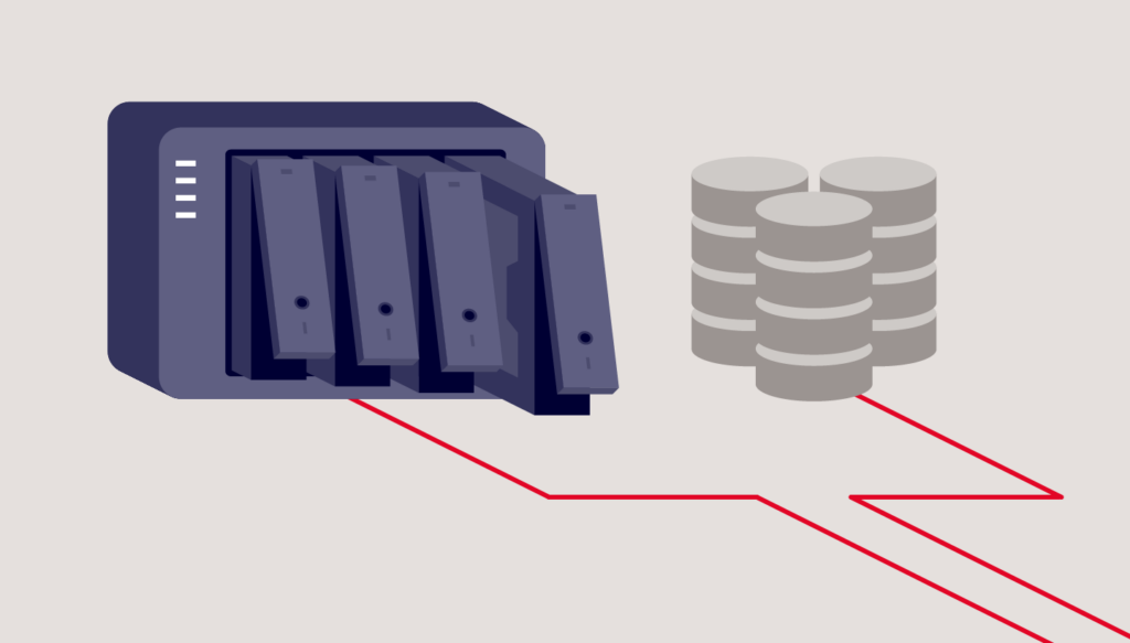 A decorative image showing a NAS device connected to disk drives. 