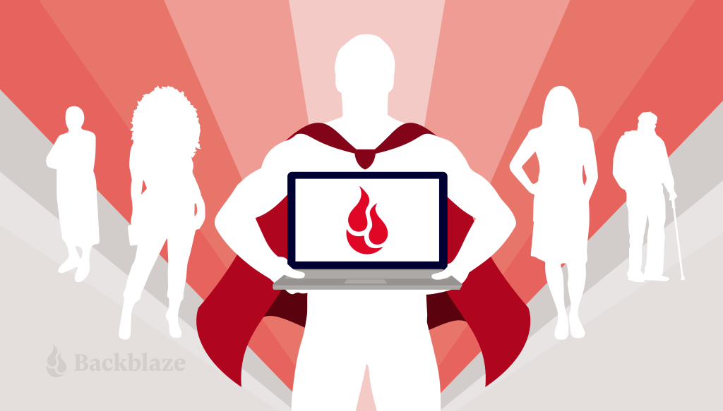 A decorative image showing a superhero holding a computer with the Backblaze logo showing. 