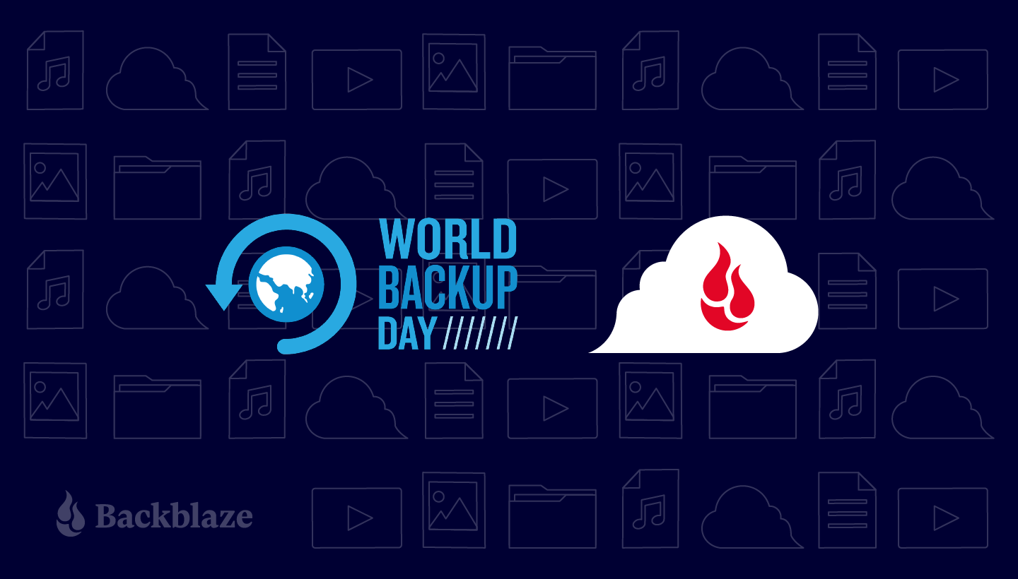 A decorative image displaying a globe with an arrow encircling it, the words World Backup Day, and a cloud with a stylized flame icon.