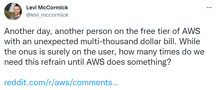 AWS Free Tier Multi-thousand Bill Tweet