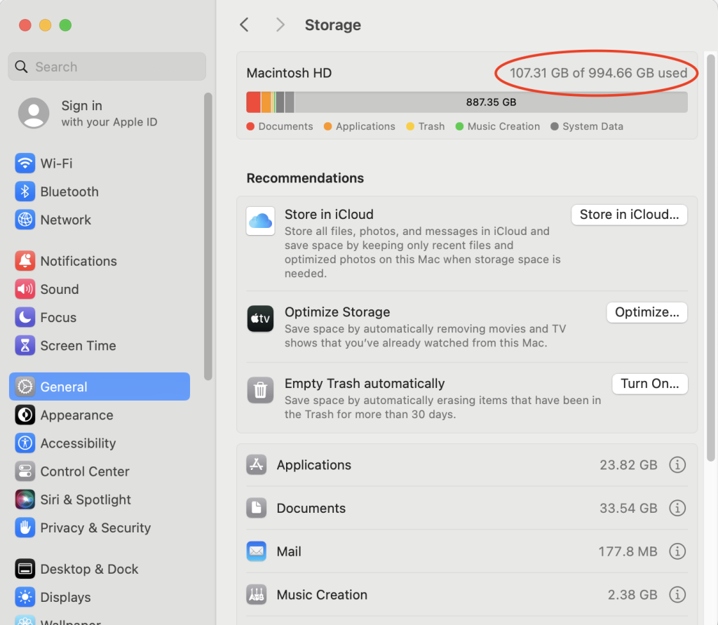 A screenshot from a Mac showing total storage and usage. 